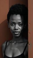Stylized portrait of an AfricanAmerican woman on rust background showcasing natural hairstyle and beauty fashion theme in abstract minimalism photo