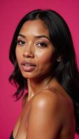 A photorealistic portrait featuring an elegant African American woman adorned with makeup on a vibrant pink backdrop photo