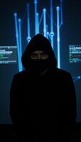 Anonymous hacker embodied as mysterious figure amidst dark web themes on ominous digital backdrop eliciting feelings of intrigue and warning photo