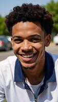 A smiling young African American man with curly brown hair exudes happiness photo