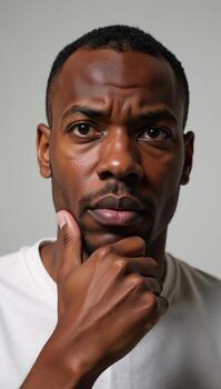 A contemplative AfricanAmerican man named David ponders over difficult decisions as he solves complex problems with an air of concern and introspection photo