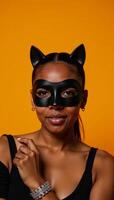 A Halloweenthemed carnival portrait featuring an African American woman dressed as a black cat in a mask and matching bracelet against an orange backdrop complete with extra space for creative photo