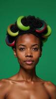 A vibrant African American woman with electrifying hair color displays creativity and boldness on an emerald backdrop photo