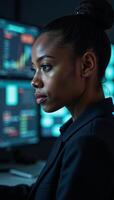 Black AfricanAmerican female IT specialist examines cybersecurity threats through ARAI tech depicted in an abstract collage with focus on her intense analysis side view photo