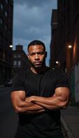 A confident African American man stands boldly against an urban backdrop under dramatic lighting with a powerful pose in a black TShirt photo