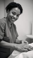 AfricanAmerican nurse in scrubs checking patient vitals with compassionate smile photo