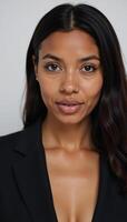 Portrait showcasing a striking AfricanAmerican womans captivating gaze and glowing natural beauty photo