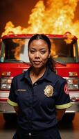 Confident black firefighter poses in uniform against backdrop of flaming firetruck photo