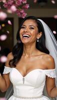 A laughing African American bride adorned with flower petals during her wedding day photo