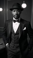 A sepiatoned portrait of a stylish 1920s African American man in dapper attire set against the backdrop of a smoky speakeasy with vintage charm photo