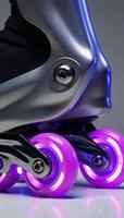 Sleek inline skates featuring neon purple wheels for an eyecatching futuristic look photo