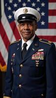 An elderly African American veteran honors Veterans Day before a majestic U photo