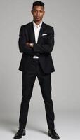 A captivating portrait features a suave Black male model dressed in a sleek black suit photo