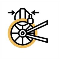 A black and yellow icon of a wheel with a wrench on it vector