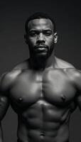 A powerful Black athlete muscular and athletic depicted as an African American bodybuilder with strong features in a waistlength torso portrait photo