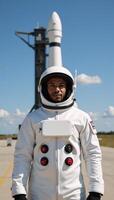 AfricanAmerican astronaut geared up in space suit before launch photo