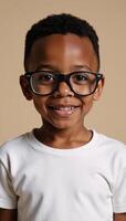 A charming African American boy with large glasses is depicted in a heartwarming portrait photograph photo