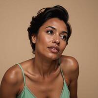 An Enchanting Portrait showcases a serene gaze from an African American woman looking upwards photo