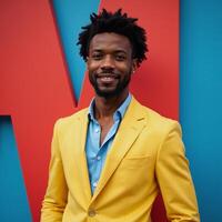 An AfricanAmerican man stands out in vibrant colors wearing a yellow and blue ensemble against a backdrop of dynamic hues photo