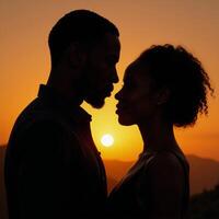 A silhouetted embrace between an AfricanAmerican man and woman bathed in the glow of setting sunlight photo