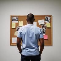 An AfricanAmerican man is depicted from behind as he stands before a cluttered corkboard filled with notes photo