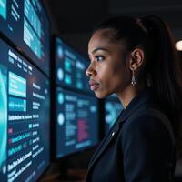 Black AfricanAmerican female IT specialist examines cybersecurity threats through ARAI tech depicted in an abstract collage with focus on her intense analysis side view photo