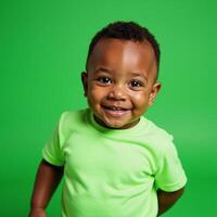 Cute AfricanAmerican baby boy in green Tshirt laughing against bright green backdrop Portrait photo