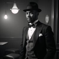 A sepiatoned portrait of a stylish 1920s African American man in dapper attire set against the backdrop of a smoky speakeasy with vintage charm photo