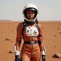 A young African American astronaut stands on Mars in a detailed spacesuit with a helmet and red desert landscape behind her exuding exploration vibes within a scifi setting photo