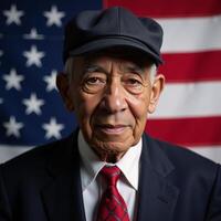 Portrait of an elderly AfricanAmerican man in a cap against an American Flag backdrop photo