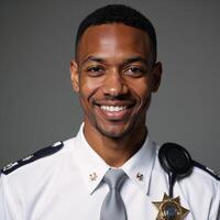Portrait Cheerful African American cop with friendly smile closeup photo