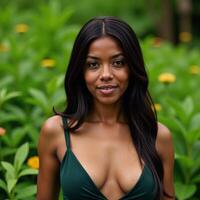 A photorealistic depiction of an African American individual against a backdrop of nature showcasing the subjects mature features and natural environment setting photo
