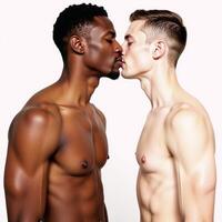 Illustrative art depicts two diverse men kissing in minimalist side profile photo