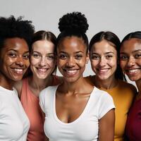 Five smiling black women with diverse hairdos pose for the camera photo