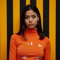 A serious AfricanAmerican female model poses in an orange turtleneck with geometric ornaments against a striped backdrop photo