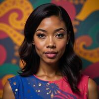 A photorealistic portrait of a stunning African American woman against a fantastical backdrop photo