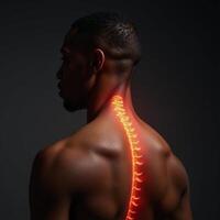 An AfricanAmerican man depicted with prominently displayed spine and radiating lines of visible pain photo