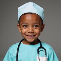 Image of a little black boy in a nurse costume exuding care and concern photo