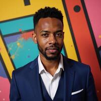 A colorful modern portrait showcasing a striking African American man adorned with intricate geometric patterns and shapes photo