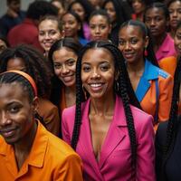 Diverse AfricanAmerican group showcasing various hair styles fashions and colorful attire photo