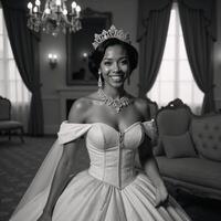 African American Disney Princess adorned for a ball within a dark ethereal fairy tale setting Created With photo