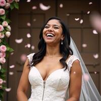 A laughing African American bride adorned with flower petals during her wedding day photo