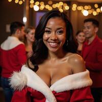 A smiling attractive Black woman wearing Santa Claus attire poses amidst a festive Christmas scene during a joyous New Years celebration leaving ample room for text overlays or additional elements photo
