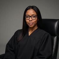 Portrayal of an assertive Black female Judge wearing a black robe photo