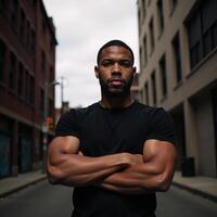 A confident African American man stands boldly against an urban backdrop under dramatic lighting with a powerful pose in a black TShirt photo
