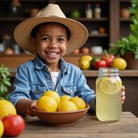 A young AfricanAmerican boy dons a straw hat while seated at a table surrounded by lemons and a glass jar holding a homemade lemon drink photo