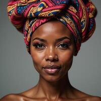 A vibrant portrait showcases an AfricanAmerican woman with bold headwrap and expressive style photo