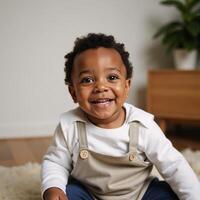 African American toddler smiling and seated alone photo