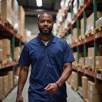 A smiling AfricanAmerican warehouse worker is depicted in his work uniform photo
