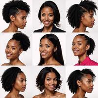 Nine distinct AfricanAmerican hairstyles displayed with unique styling emphasizing various textures and hair accessories that celebrate diversity photo